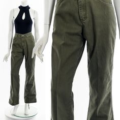 "- 90s/2000s muted olive green jeans - zipper and button front closure - pockets on front and back - regular fit Label: Lee Tag Size:  8 M Fits like:  M Material:  Cotton Condition:  Great Clipped on Mannequin:  No ✂ SIZE + FIT ✂ Length: 42\" / 107 cm Waist: 30\" / 76 cm Hips: 34\" / 86 cm Inseam: 32\" / 81 cm Rise: 22\" / 56 cm All measurements are taken with garment lying flat. ALWAYS refer to measurements as vintage sizes can vary greatly from today's modern sizes. We recommend comparing meas Olive Green Jeans, Dress Form Mannequin, Dress Form, Mid Rise Jeans, Trousers Women, Mid Rise, Olive Green, Capri Pants, Zipper