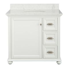 a white bathroom vanity with drawers and a marble counter top on the bottom, against a white background