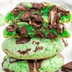 green and chocolate cookies stacked on top of each other