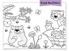 a coloring page with animals and butterflies in the background, says enjoy the color on it