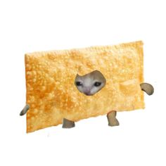 an animal is peeking out from behind a large piece of bread that has been cut into smaller pieces