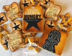 Hamilton Musical Cookies by Cajun Home Sweets. Young Scrap[y. and Hungry Hamilton Cookies, Alexander Hamilton Birthday, Hamilton Birthday, Gracie Birthday, Hamilton Party, Hamilton Merch, Hamilton Logo, New York Cookies, Princess Paris