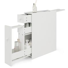 a white bathroom cabinet with its doors open