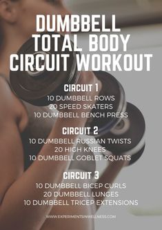 the dumbbell total body circuit workout is shown with instructions for how to do it