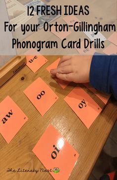 an orange card with the words 12 fresh ideas for your orton - gillingham phonogram card drills