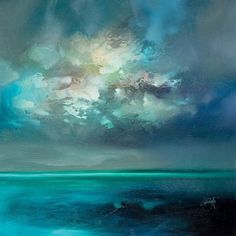 an abstract painting with blue, green and white colors in the sky above the ocean