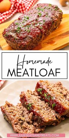 homemade meatloaf with cranberry sauce on top and an image of the meatloaf