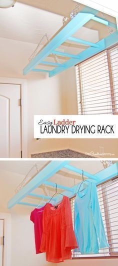 the laundry drying rack is made from an old window sill and used as a shelf for clothes