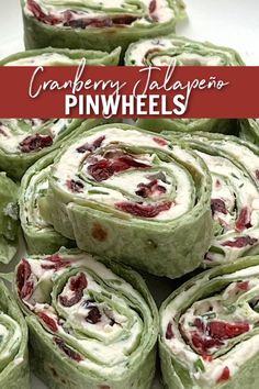 cranberry jalapeno pinwheels on a plate with text overlay