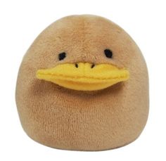 a stuffed toy duck with yellow beak and black eyes on it's head is shown