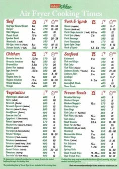 the menu for air fryer cook times is shown in red and green colors, with numbers