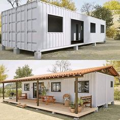 two pictures side by side of a house made out of shipping containers