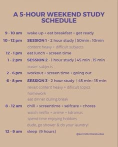 a flyer for a 5 - hour weekend study schedule