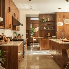 a kitchen with wooden cabinets and counter tops