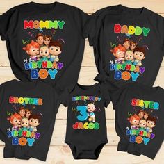 three baby onesuits with cartoon characters on them and the number 3 in front