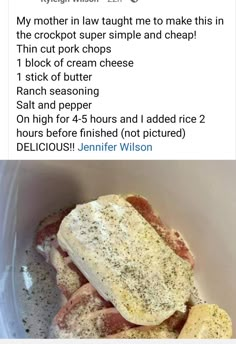 an open faced sandwich in a plastic container with other ingredients on it and the words, my mother in law taught me to make this in the crockpot