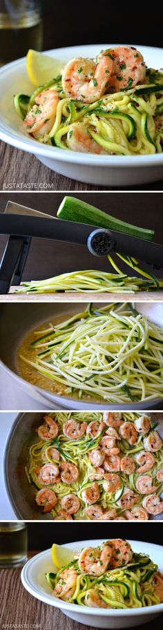 three different pictures of shrimp and zucchini pasta