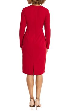 Go from desk to dinner in a long-sleeve sheath dress cut from comfortable stretch crepe and finished with an elegantly belted waist. 43" length (size 2) Hidden back-zip closure Jewel neck Long sleeves Attached belt Lined 96% polyester, 4% spandex Machine wash, dry flat Imported Barbados Cherry, Dresses Office, Guest Dress Wedding, Long Sleeve Sheath Dress, Social Dresses, Weekend Dresses, Tailored Dresses, Bright Wedding, Defined Waist