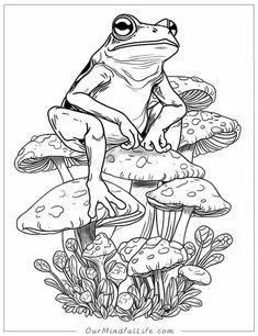 a frog sitting on top of a mushroom in the forest coloring pages for adults and children