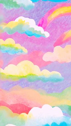 watercolor clouds and rainbows are painted in pastel colors