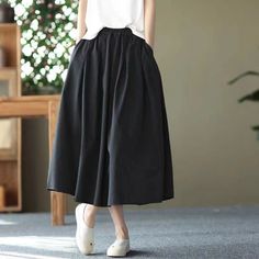 Details: Gender: Women Item Type: Skirt Material: Cotton Season: Spring, Summer, Autumn Pattern: Solid Style: Casual, Loose, Retro Waist Type: Elastic Waist Size: One Size Waist: 60.00 - 94.00 cm/ 23.62 - 37.01 " Length: 77.00 cm/ 30.31 " Hip: 178.00 cm/ 70.08 " Hem: 222.00 cm/ 87.40 " Workwear Skirt, Japanese Fashion Women, Solid Skirt, Cotton Midi Skirt, Summer Retro, Elastic Waist Skirt, Long Skirts For Women, Elegant Skirt, Effortless Chic