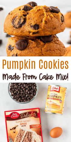 pumpkin cookies made from cake mix and chocolate chips are stacked on top of each other