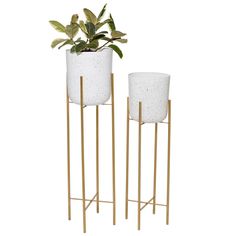 two white planters on gold stands with plants in them