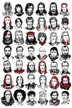 a bunch of different faces drawn in black and red ink on white paper, with the names