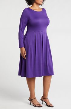 Soft, supple jersey feels as great as it looks on this long-sleeve midi dress cut in a versatile and chic fit-and-flare silhouette. 44 1/2" length Slips on over head Jewel neck Long sleeves 92% polyester, 8% spandex Machine wash, tumble dry Imported Purple Fits, Purple Midi Dress, Flare Long Sleeve, Long Sleeve Jersey, Long Sleeve Midi, Long Sleeve Midi Dress, Dress Cuts, Nordstrom Dresses, Fit & Flare