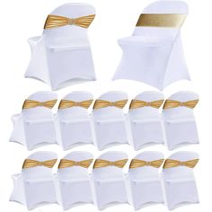 white chair sashes with gold bow ties and matching napkins for wedding party decorations