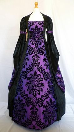 This listing is for a custom made dress,it will be made to the measurements you send me. Please send me your bust,waist and hip measurements,and please measure from the top of your shoulder to the floor with shoes on. It will be made with beautiful jet black crushed velvet and purple and black flock Pagan Costume, Pagan Wedding Dresses, Medieval Wedding Dress, Dress Medieval, Medieval Gown, Pagan Wedding, Costume Noir, Gothic Wedding Dress, Fit And Flare Wedding Dress