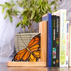 Brighten up your bookshelf with our Handmade Stained Glass Monarch Butterfly Bookends! Each set is crafted by AvalGlass, making every piece unique. These bookends made from Polish oak tree feature vibrant monarch butterflies, adding a splash of color and elegance to any room. Made from real stained glass, these bookends are not only functional but also a beautiful piece of art. The careful handmade process ensures high quality and attention to detail, perfect for nature lovers and book enthusias Stained Glass Bookends, Stained Glass Monarch, Butterfly Bookends, Book Shelf Decor, Butterfly Stained Glass, Stained Glass Butterfly, Monarch Butterflies, Book Ends, Stained Glass Crafts