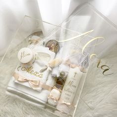 a clear box filled with personal care items on top of a white fur covered floor