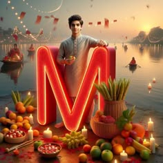 a man sitting on the letter m surrounded by fruits and vegetables in front of a lake