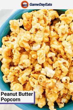 a blue bowl filled with peanut butter popcorn