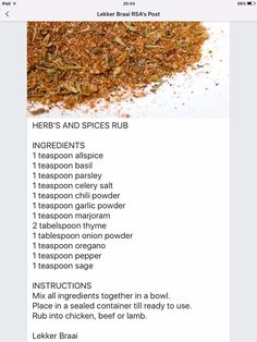 the recipe for herbs and spices rubs is shown on an iphone screen, with text below