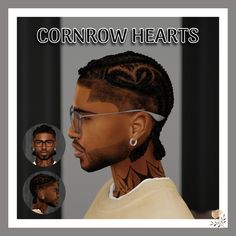 an image of a man with cornrows and glasses on his head, in three different views