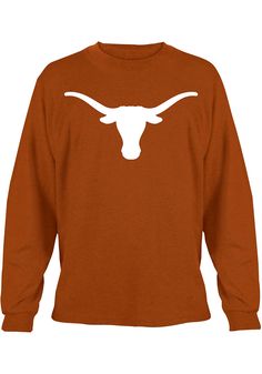 Show off your team pride in this Texas Longhorns Burnt Orange Silhouette Long Sleeve T Shirt! This Texas Long Sleeve Tee features a screen print of Texas Longhorn logo on center chest. Make sure everyone knows you root for the Longhorns with this Burnt Orange Texas T Shirt. Hook Em Horns! Double stitched seams, Screen print graphic on center chest, Relaxed fit, Unisex, 100% Cotton Rodeo Outfits Winter, Texas Longhorns Logo, College Shirts, Orange Texas, Rodeo Outfits, Texas Longhorns, Alabama Crimson Tide, Burnt Orange, Black Tee