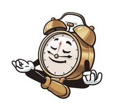 an alarm clock is sitting on the floor with its hands in the air and smiling