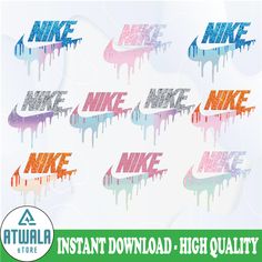 the nike logo has been painted in different colors and font, as well as dripping paint