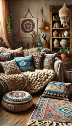 a living room filled with lots of pillows and rugs