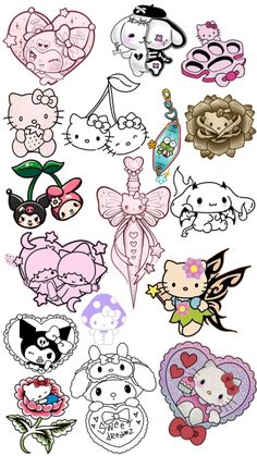 many different kinds of cartoon stickers on a white background with the words hello kitty