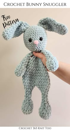 crochet bunny snuggler is shown with the text, free pattern