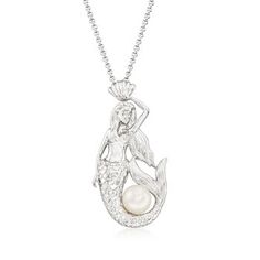 Ross-Simons - 8.5-9mm Cultured Pearl Mermaid Pendant Necklace in Silver. 18". Crafted in textured and polished sterling silver, our free-spirited mermaid pendant holds a special treasure: a luminous 8.5-9mm cultured freshwater button pearl. Wear our sea-inspired pendant necklace in celebration of your own unique and playful personality. Cable chain with a 2" extender. Lobster clasp, white pearl mermaid pendant necklace. Pearl birthstones are the perfect gift for June birthdays. Luxury Sterling Silver Pearl Pendant Necklace, Silver Shell With Pearl Pendant, Silver Sterling Silver Mermaid Necklaces, Ocean-inspired Mermaid Shape Sterling Silver Jewelry, Sterling Silver Shell-shaped Pearl Pendant, Pearl Birthstone, Mermaid Pendant, Silver Mermaid, Detailed Necklace