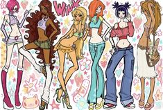 four cartoon girls standing next to each other