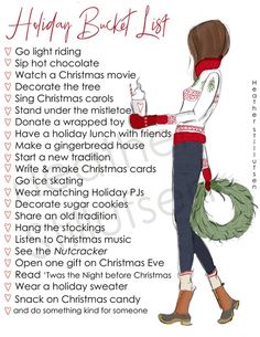 an image of a woman holding a coffee cup with the words happy holidays list on it