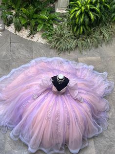 Rainbow Quince Dress, Rupunzel Quince Theme Dress, Rapunzel Quinceanera Dress, Tangled Quinceanera Dress, Prom Dresses Slay, Ball Gown Sleeves, Rapunzel Quince, Purple Quince Dress, Purple Quinceanera Theme