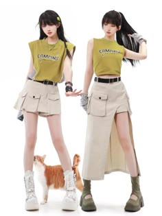 An outdoor item that makes you want to enjoy camping on sunny summer holidays. The sleeveless top is dyed in a bright yellow that matches nature, and the logo is printed on the chest. Skirts are active shorts and long skirts. It is a set that colors wonderful summer memories.      <item>     T-shirt (French sleeve)   T-shirt (sleeveless)   short pants   long skirt        <Size>     T-shirt (French sleeve)     small size     Length: 41cm   Shoulder width: 31cm   Bust: 76cm   Waist: 68cm      m Upwards Perspective Pose, Dynamic Standing Poses, Long Skirt Poses, Tank Top Drawing, Tank Top With Skirt, Japanese Streetwear Women, Skirt Reference, Pose Mannequin, Summer Camp Outfits