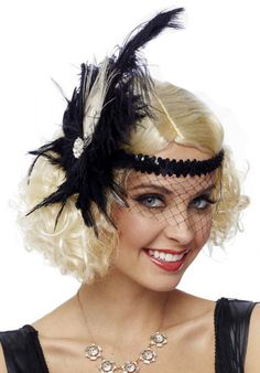 Adult 1920's Black Feather Flapper Headband With Veil - Candy Apple Costumes - 20's Accessories Estilo Charleston, Decades Costumes, 20s Costume, Gatsby Accessories, Flapper Accessories, 1920s Costume, 1920s Headband, Gatsby Headpiece, Flapper Headpiece