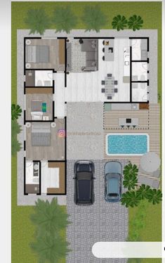 an aerial view of a house with two cars parked in the driveway and a pool